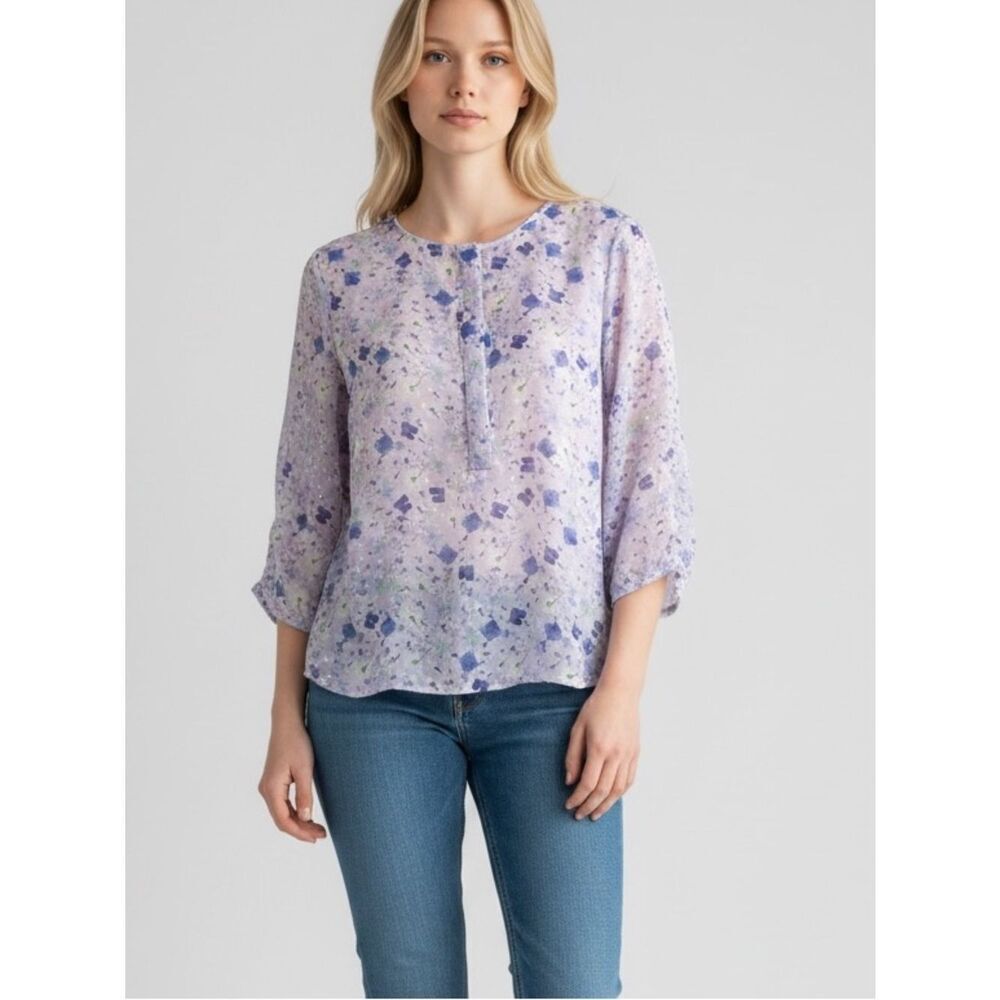 Talbots Chiffon Floral Top Blouse 3/4 sleeves Crew Neck Relaxed Fit Sz S